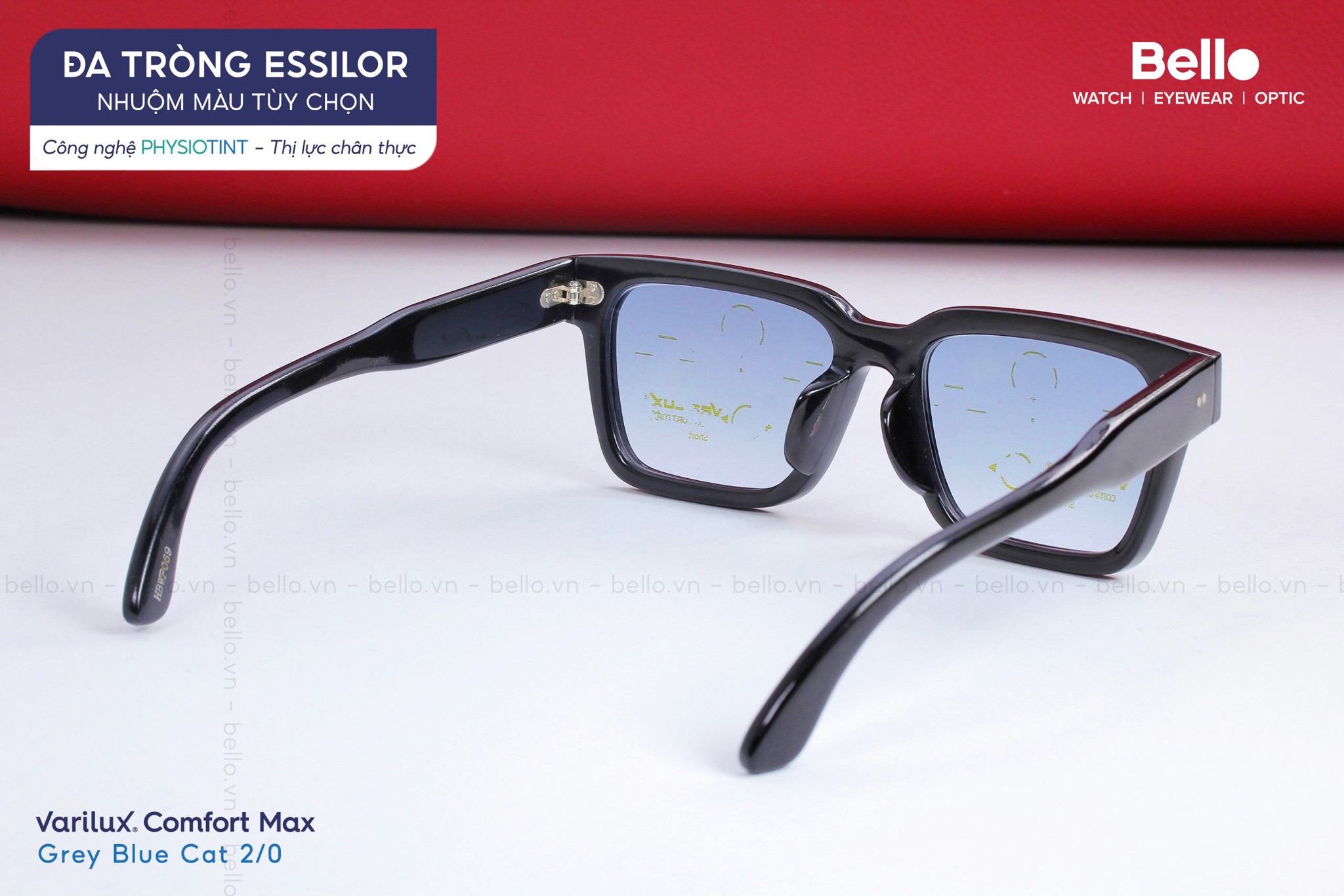 Thành phẩm đa tròng Essilor Varilux Comfort Max nhuộm màu Xanh Biển trên đậm dưới nhạt Cat 2/0 Grey Blue tại Bello Eyewear