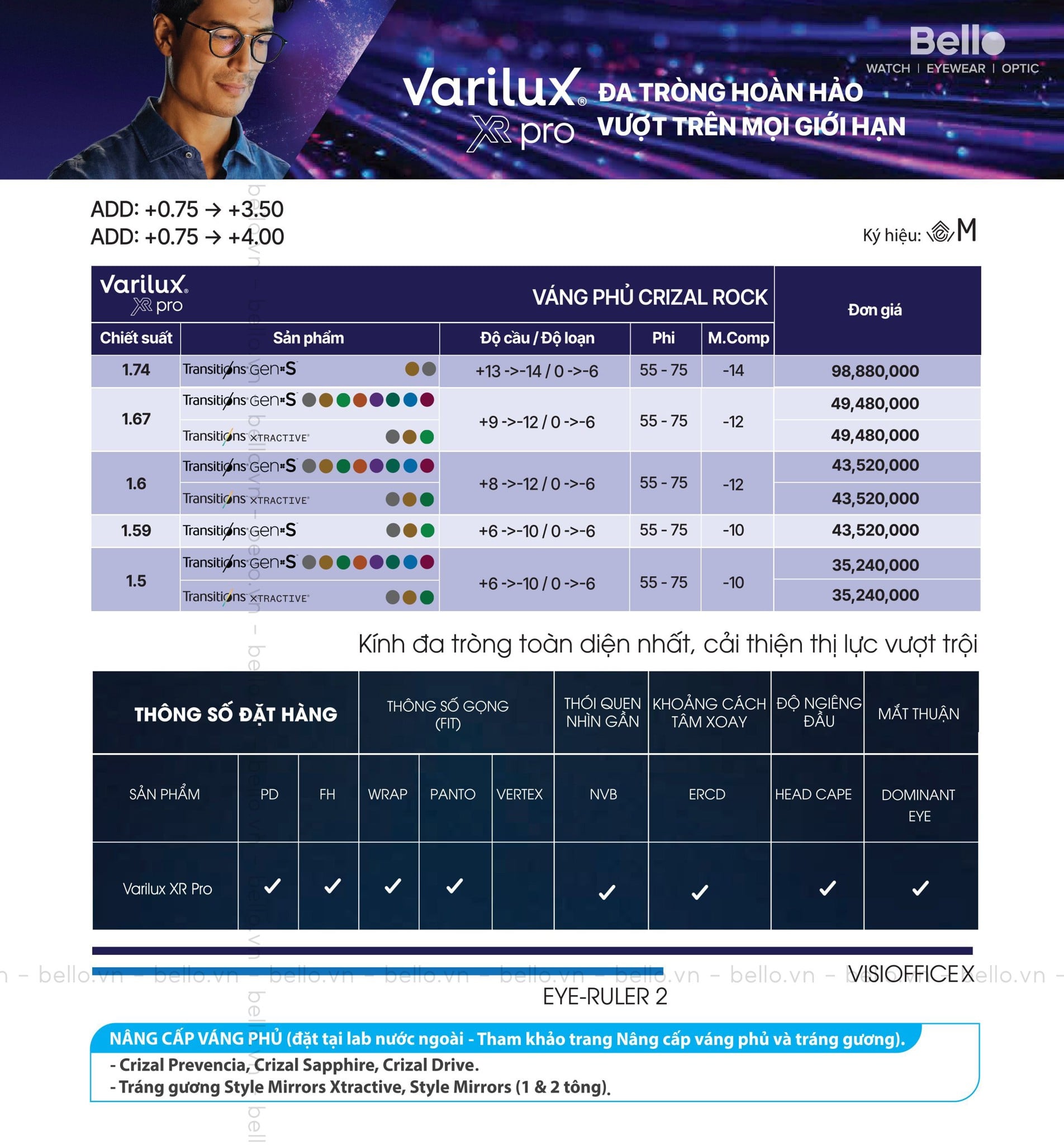 - Đổi màu Gen S kết hợp thiết kế đa tròng thượng lưu Varilux XR Series XR Pro, váng phủ Crizal Rock&nbsp;sản xuất tại Nước Ngoài