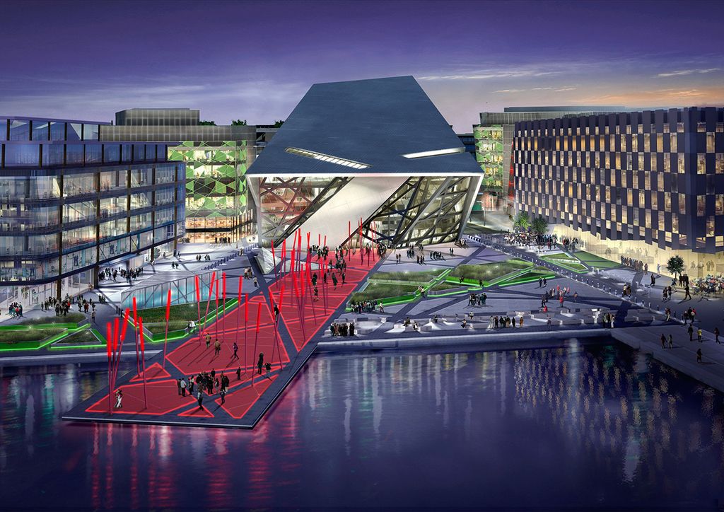 Quảng trường của tòa nhà được xem là biểu tượng đô thị mới tại bờ sông của Grand Canal Harbor