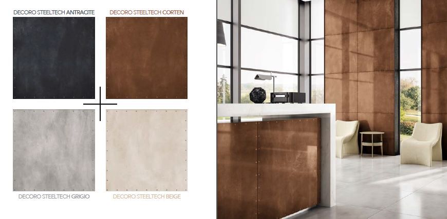 bộ sưu tập Steeltech còn được thiết kế với dòng gạch trang trí được tái bản từ 4 gam màu chính