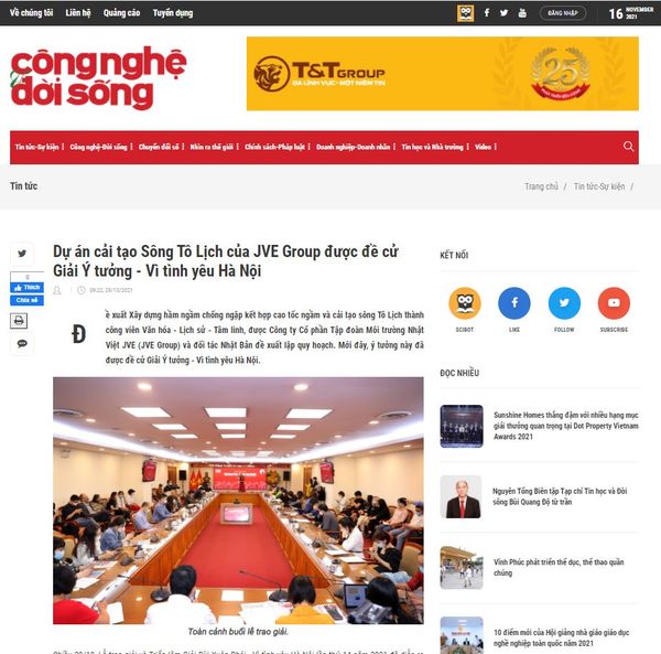 [BÁO CONGNGHEVADOISONG.VN] Dự án cải tạo Sông Tô Lịch của JVE Group được đề cử Giải Ý tưởng - Vì tình yêu Hà Nội