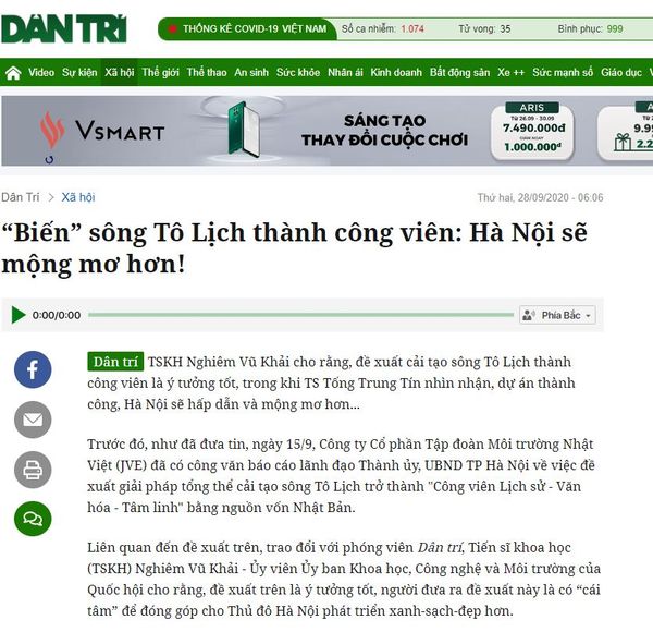 [BÁO DANTRI.COM.VN] “Biến” sông Tô Lịch thành công viên: Hà Nội sẽ mộng mơ hơn!
