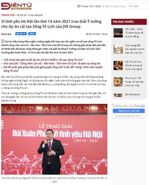 [BÁO DIENTUNGAYNAY.VN] Vì tình yêu Hà Nội lần thứ 14 năm 2021 trao Giải Ý tưởng cho dự án cải tạo Sông Tô Lịch của JVE Group