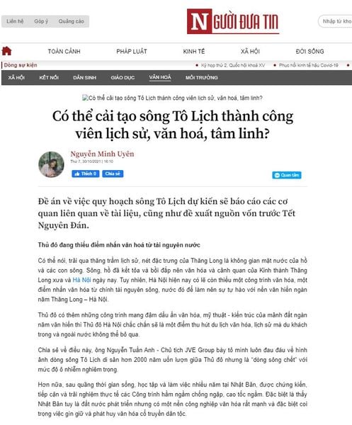 [BÁO NGUOIDUATIN.VN] Có thể cải tạo sông Tô Lịch thành công viên lịch sử, văn hoá, tâm linh?