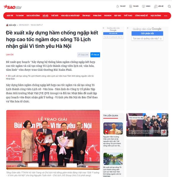 [BÁO SAOSTAR.VN] Đề xuất xây dựng hầm chống ngập kết hợp cao tốc ngầm dọc sông Tô Lịch nhận giải Vì tình yêu Hà Nội
