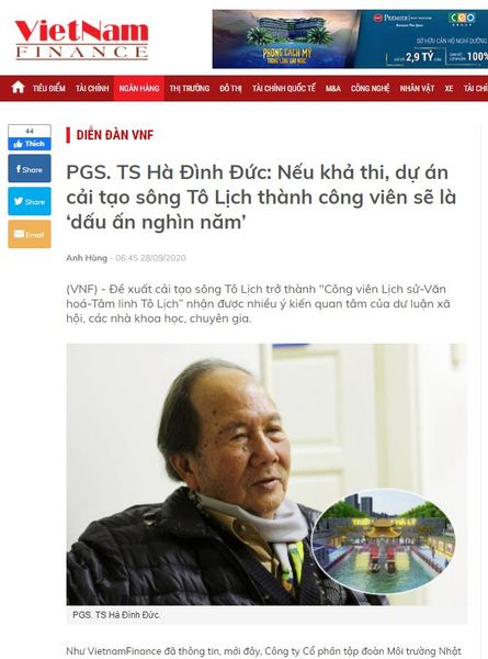 [BÁO VIETNAMFINANCE.VN] PGS. TS Hà Đình Đức: Nếu khả thi, dự án cải tạo sông Tô Lịch thành công viên sẽ là ‘dấu ấn nghìn năm’
