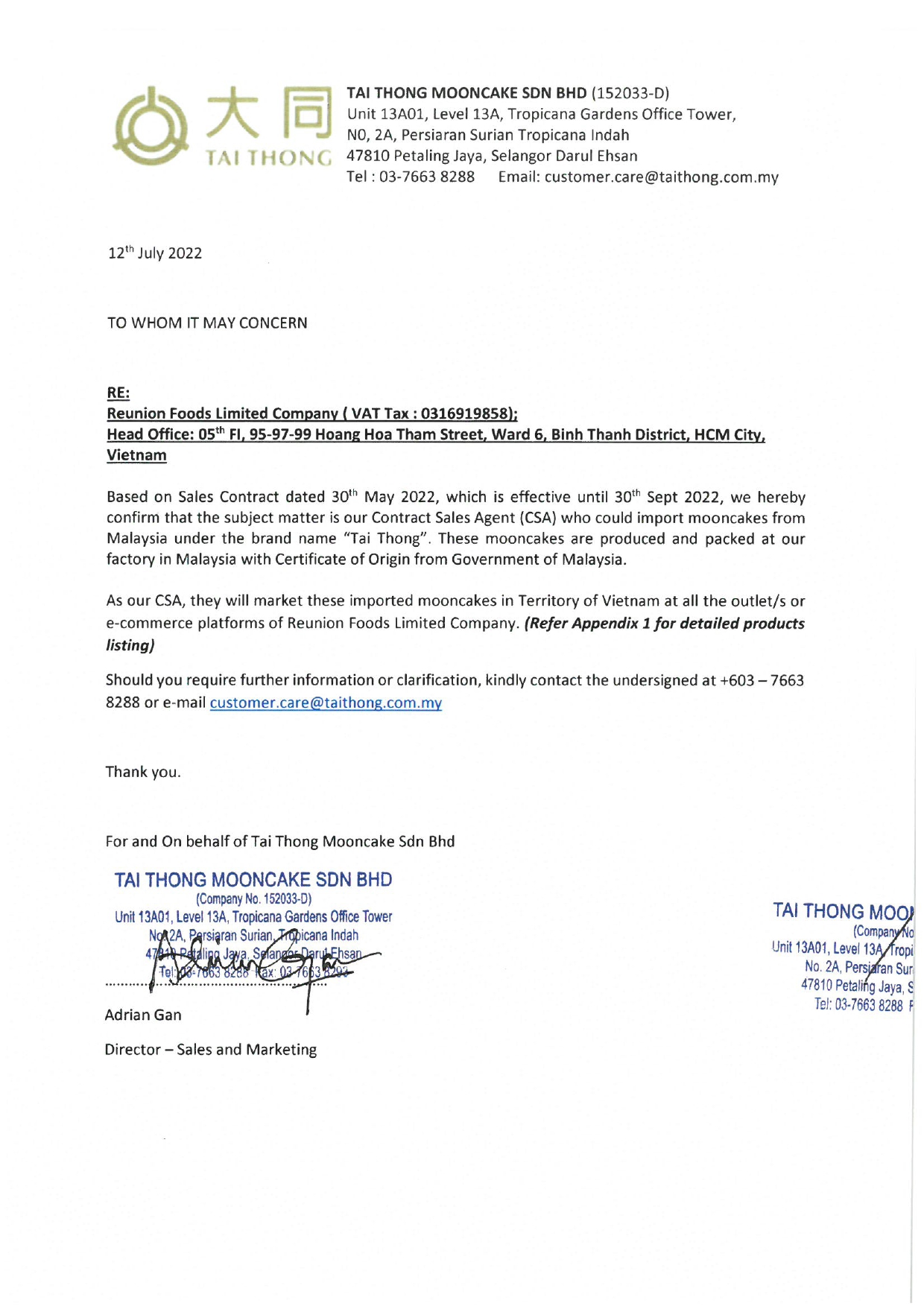 Chứng Nhận Phân Phối Bánh Trung Thu Tai Thong Mooncake Malaysia