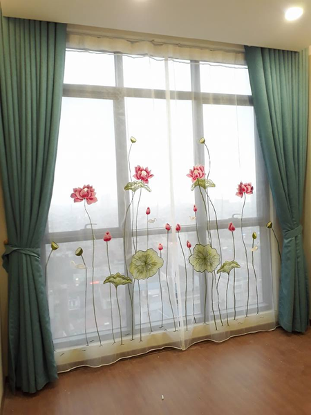 Rèm cửa sổ - rèm 2 lớp màu xanh họa tiết hoa sen, vừa trang trí vừa chống nắng hiệu quả - màn cửa giá sỉ
