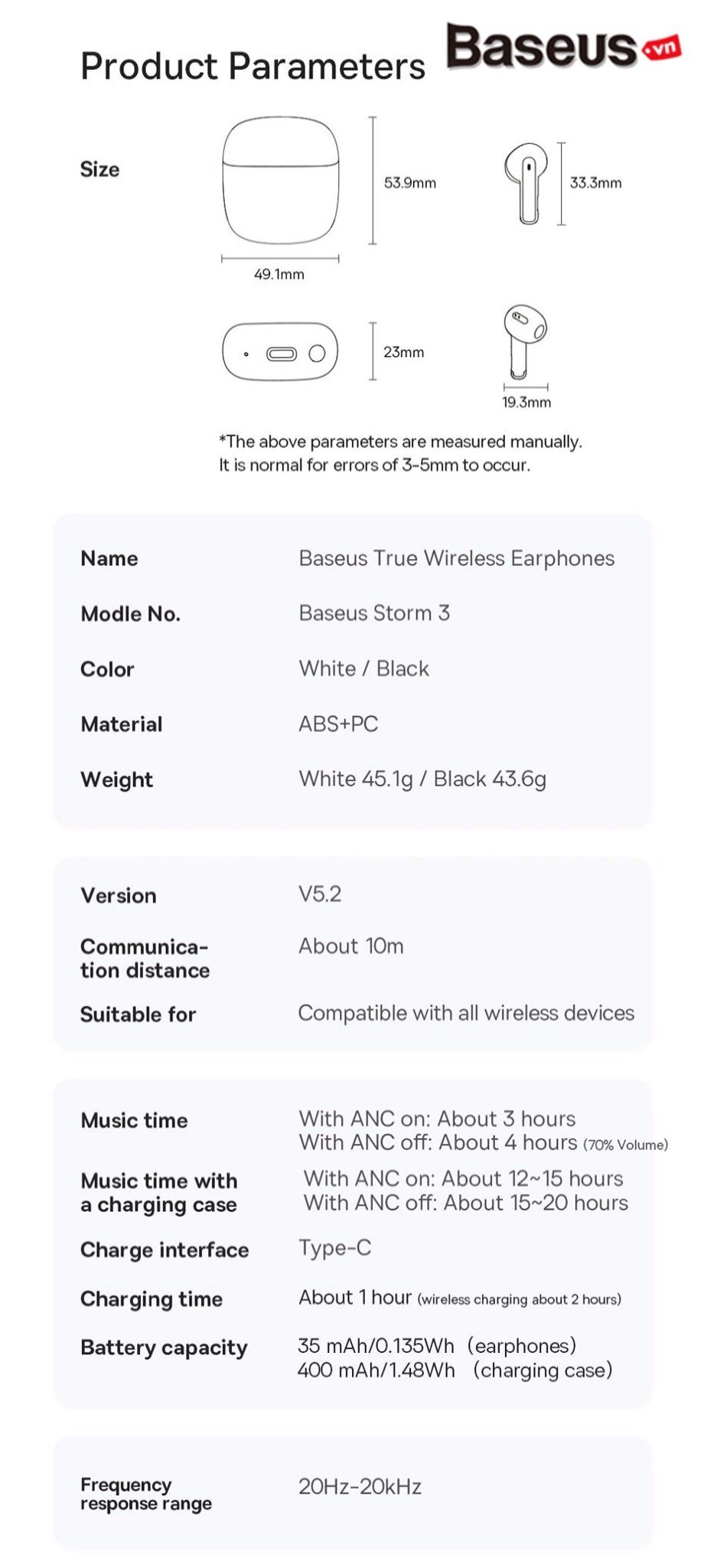 Tai Nghe Bluetooth Chống Ồn Chủ Động Baseus Storm 3 ANC TWS Earphones