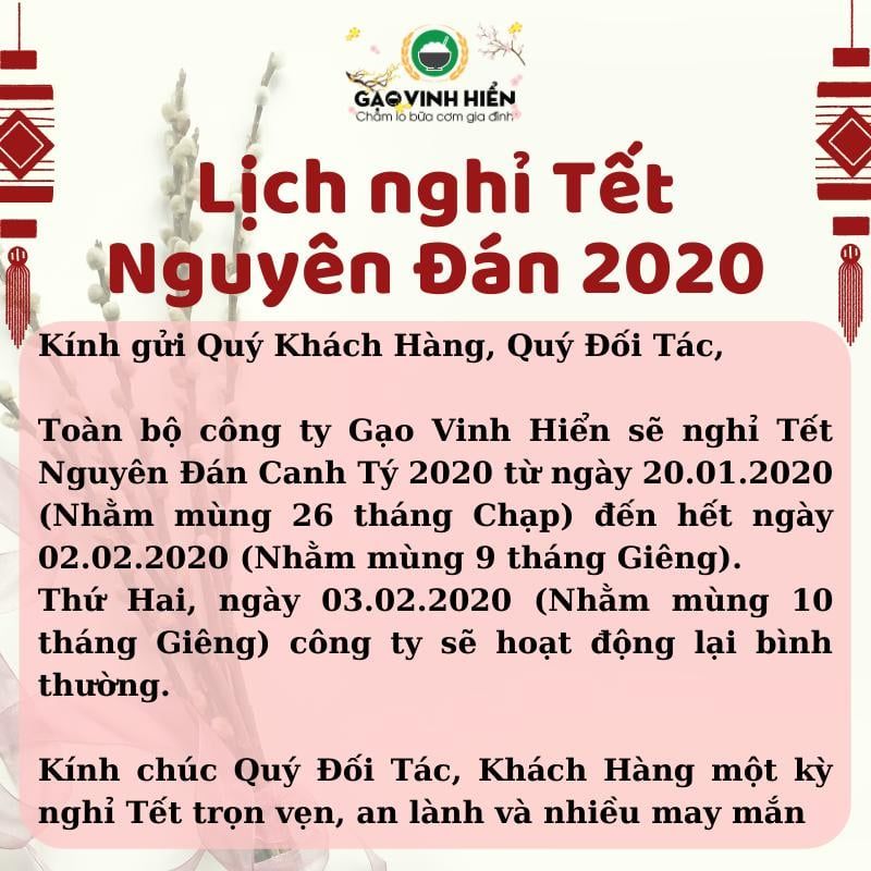 [Thông báo] LỊCH NGHỈ TẾT NGUYÊN ĐÁN CANH TÝ 2020