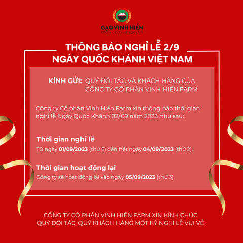 [Thông Báo] Lịch Nghỉ Lễ Quốc Khánh 02/09/2023 Gạo Vinh Hiển