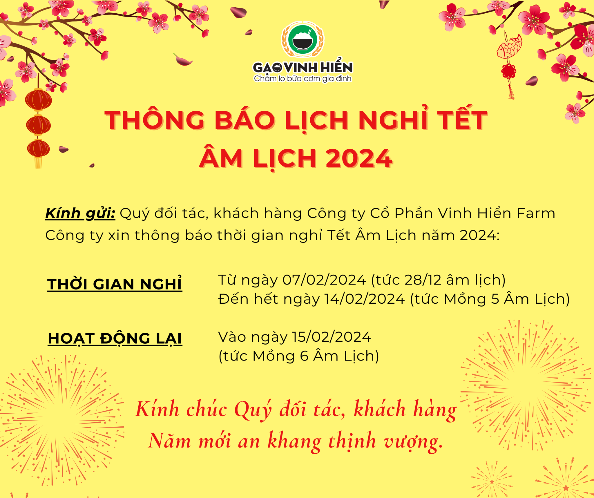 [Thông Báo] LỊCH NGHỈ TẾT ÂM LỊCH 2024 - CÔNG TY CỔ PHẦN VINH HIỂN FARM