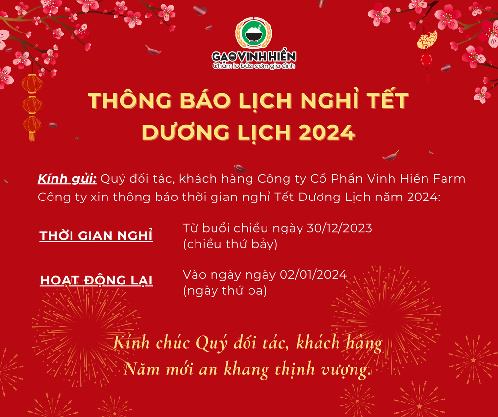 [Thông Báo] LỊCH NGHỈ TẾT DƯƠNG LỊCH 2024 - CÔNG TY CỔ PHẦN VINH HIỂN FARM