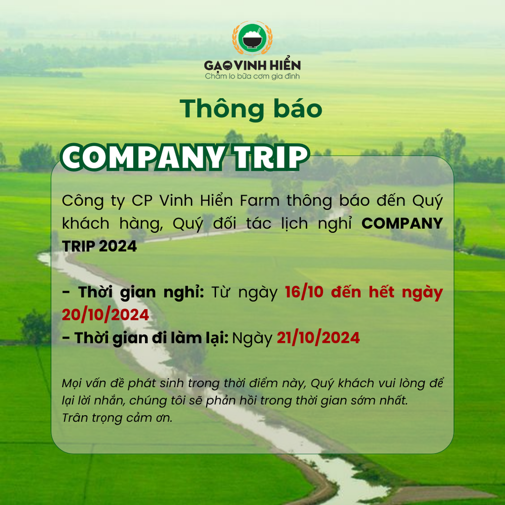 [Thông báo] LỊCH NGHỈ COMPANY TRIP 2024 - CÔNG TY CỔ PHẦN VNH HIỂN FARM