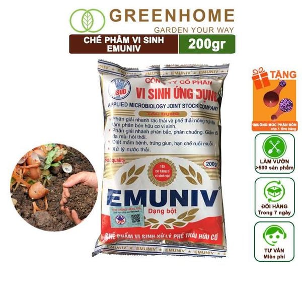 Chế Phẩm Vi Sinh EM Greenhome, Emuniv, Gói 200gr, Dùng Ủ Phân Bón Hữu Cơ, Xử Lý Rác Thải Gia Đình, Phân Huỷ Nhanh, Ngăn Mùi Hôi