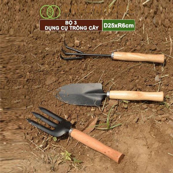 Dụng cụ trồng cây, D25cm, cán gỗ, lưỡi thép, gồm xẻng, cảo, chĩa, làm vườn, xới đất dễ dàng | Greenhome