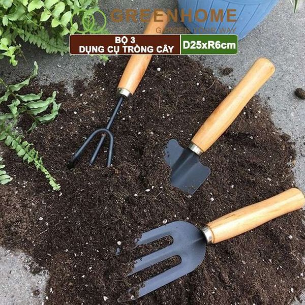 Dụng cụ trồng cây, D25cm, cán gỗ, lưỡi thép, gồm xẻng, cảo, chĩa, làm vườn, xới đất dễ dàng | Greenhome