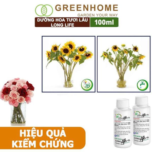 Dưỡng Hoa Tươi Lâu Long Life, Chai 100ml, Hoa Lâu Tàn, Nở Bông To, Không Bị Hôi Nước, 1 Chai Pha 10lít Nước