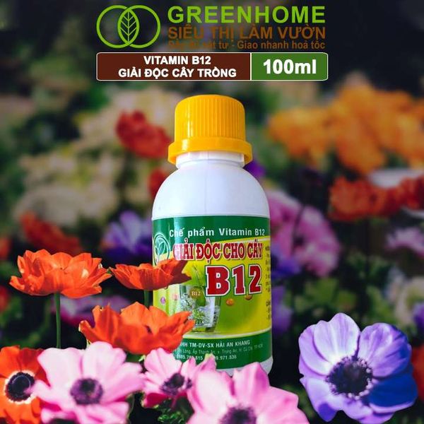Chế phẩm Vitamin B12 Greenhome, Chai 100ml, chống sốc, phục hồi giải độc cho lan, cây cảnh khi bị bón phân quá liều, vận chuyển đường dài, thay đổi thời tiết