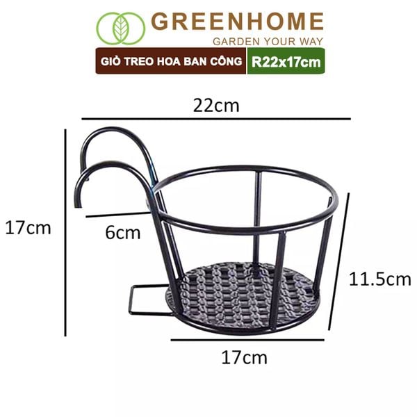 Giỏ treo hoa ban công, D22xC18cm, chất liệu sắt sơn tĩnh điện, phù hợp với mọi lan can, nhiều màu để lựa chọn |Greenhome