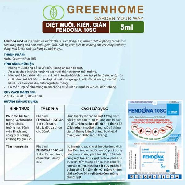 Thuốc diệt muỗi Fendona10SC, gói 5ml, hiệu quả, không mùi, diệt gián, ruồi,kiến ba khoang, côn trùng |Greenhome