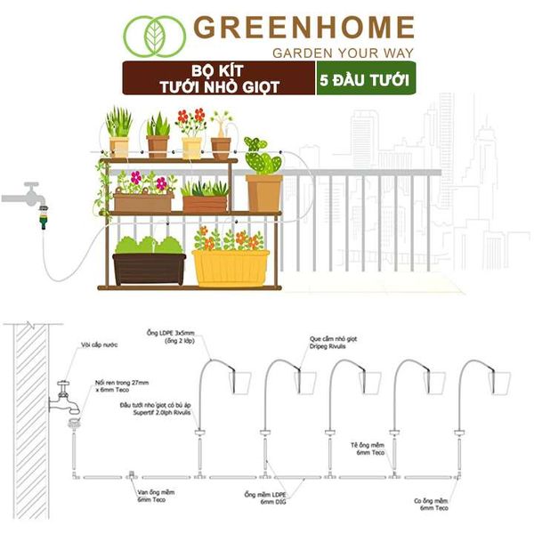 Bộ kít tưới nhỏ giọt, Greenhome. đầu tưới có bù áp, tiết kiệm lượng nước, thời gian tưới cây, dễ dàng lắp đặt
