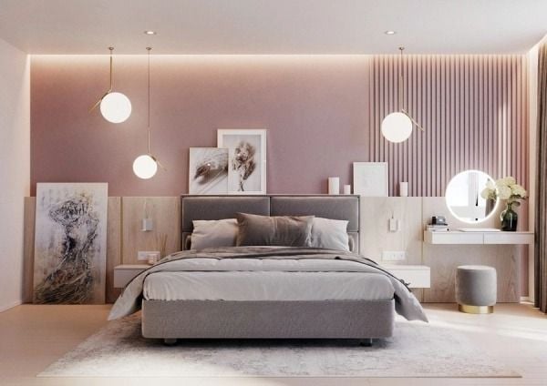 Phòng ngủ sơn màu xám trắng phối màu hồng phù hợp cặp vợ chồng thích sự nhẹ nhàng