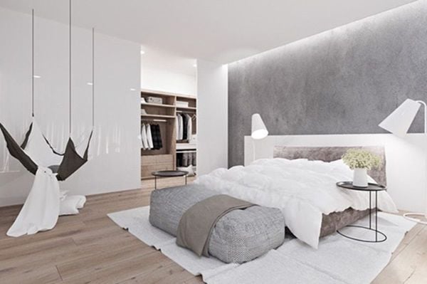 Phòng ngủ được sơn màu trắng xám vừa đơn giản mà lại hiện đại