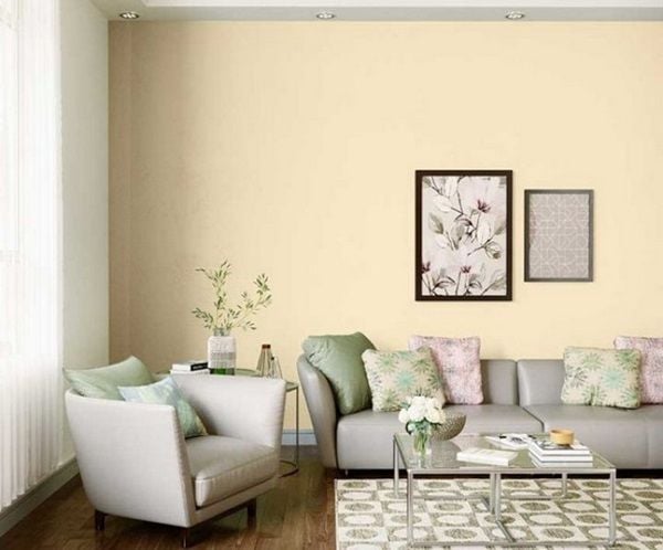 Phòng khách sơn màu trắng kem sữa kết hợp hài hòa với sofa màu ghi
