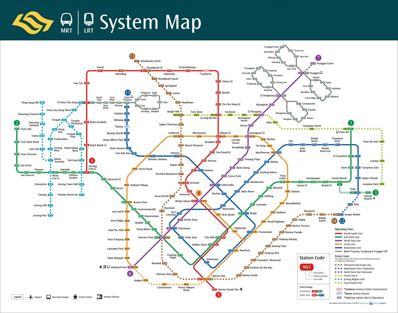 Bản đồ MRT với các lộ trình được đánh dấu theo màu sắc khác nhau như đỏ, xanh, cam...