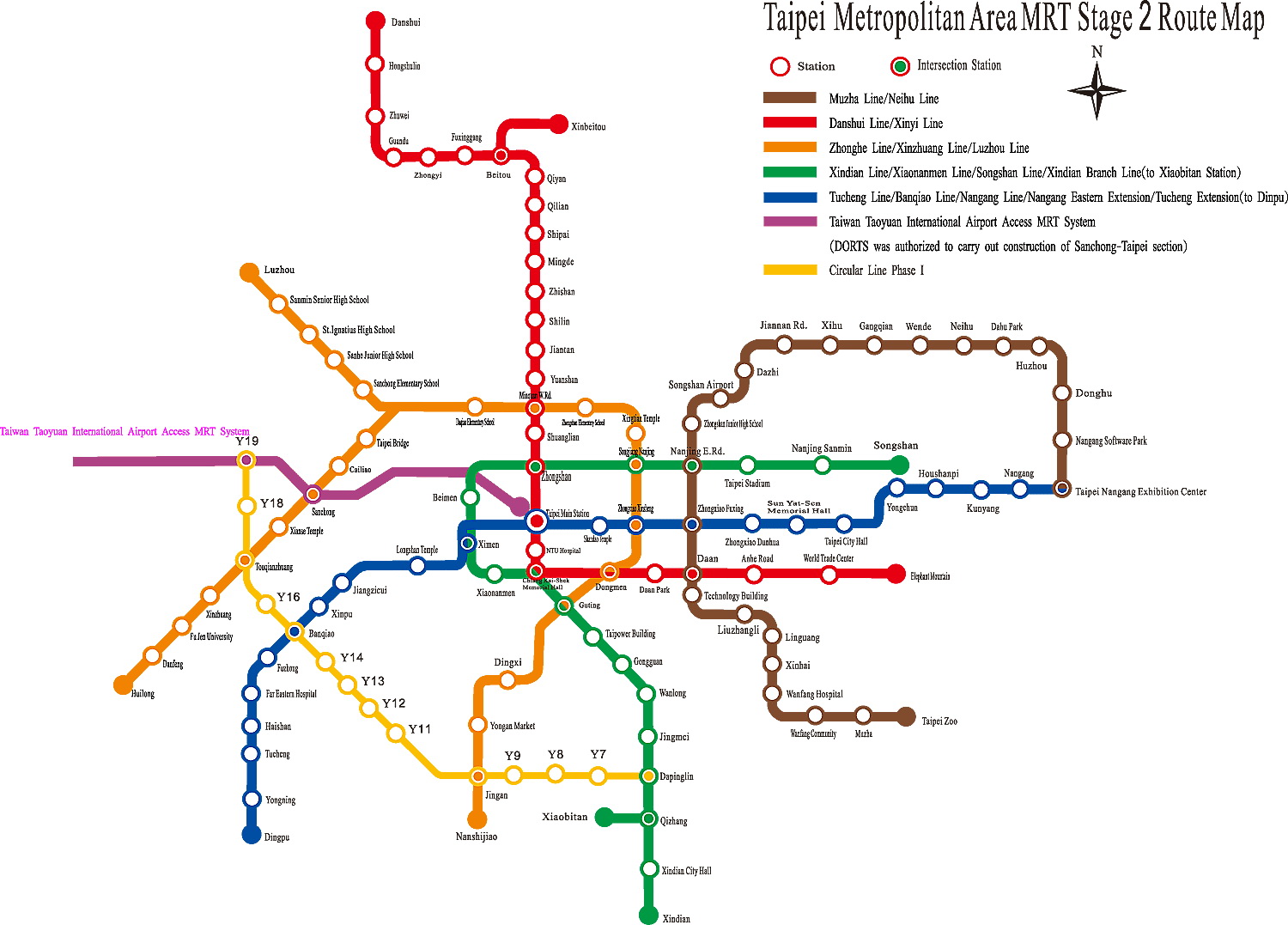 Bản đồ MRT ở Đài Bắc, các lộ trình được đánh dấu bằng màu khác nhau
