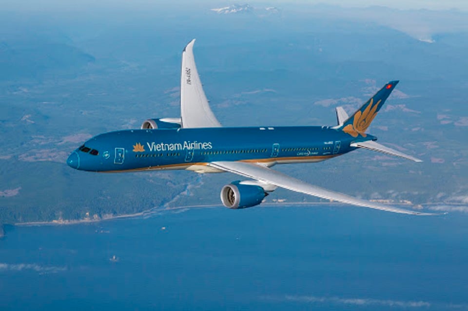 Máy bay Vietnam Airlines màu xanh chủ đạo đang bay trên nền trời xanh