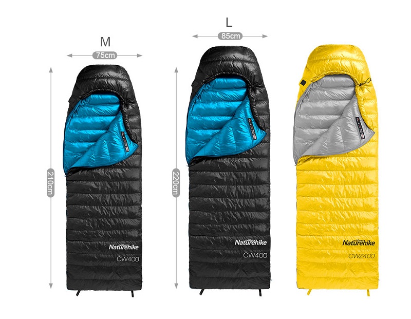 Kích thước sử dụng của túi ngủ size M và L, 2 màu đen và vàng