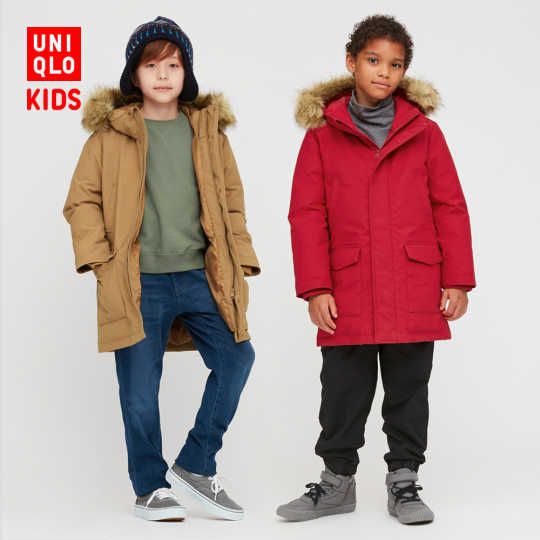 UNIQLO Nhật chính hãng - Áo khoác Parka phao dáng dài có mũ lông trẻ em - KID WARM PADDED COAT
