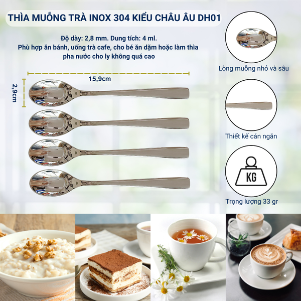 Bộ 04 thìa muỗng trà inox 304 cao cấp DandiHome