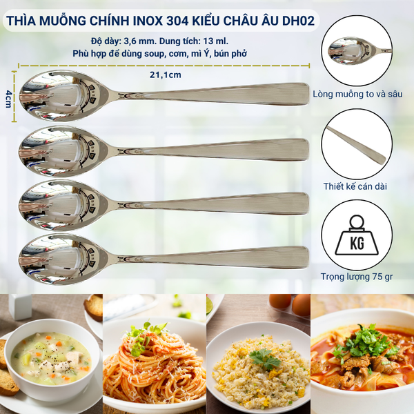 Bộ 04 thìa muỗng ăn chính inox 304 cao cấp DandiHome