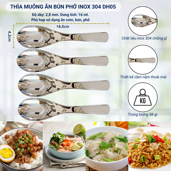Bộ 04 thìa muỗng ăn bún phở inox 304 cao cấp DandiHome