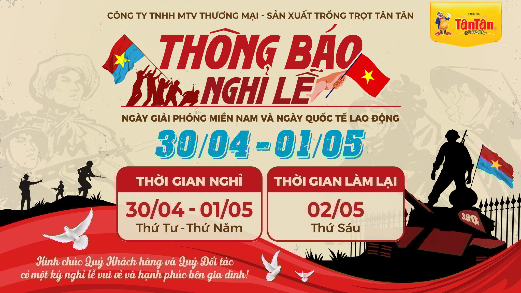 TÂN TÂN THÔNG BÁO NGHỈ LỄ 30/04 VÀ 01/05
