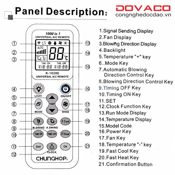 Điều khiển điều hòa đa năng 1000in1 K-1028E - DOVACO