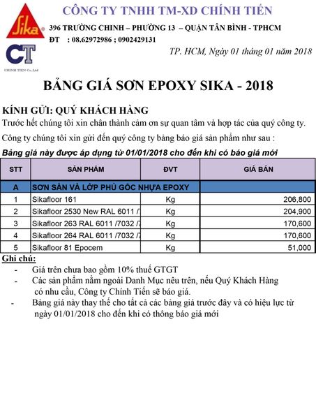 Bảng báo giá sơn Epoxy SIKA năm 2018 – Hóa chất xây dựng