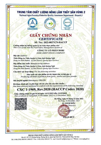 Chứng nhận HACCP Hành tỏi Lý Sơn, bột gia vị Dori Lý Sơn 2022-0027/CN-HACCP