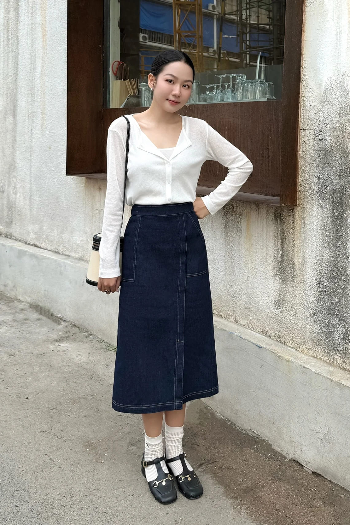 chân váy chữ a vải jean tone xanh