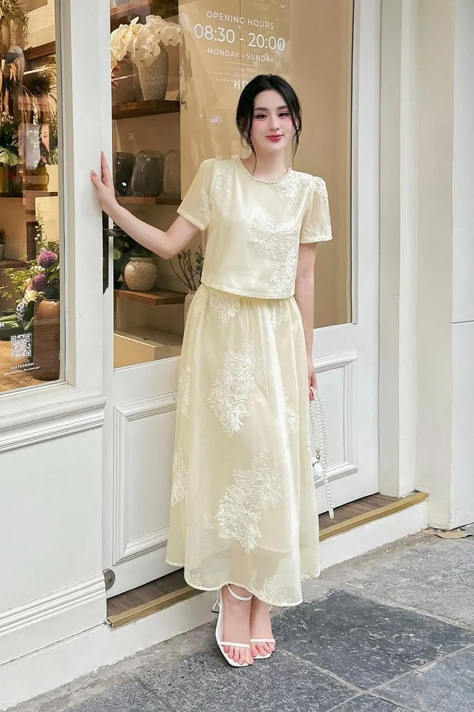 Áo croptop phối chân váy xòe phong cách nữ tính