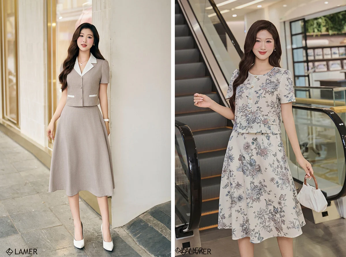 Áo croptop phối chân váy xòe qua gối