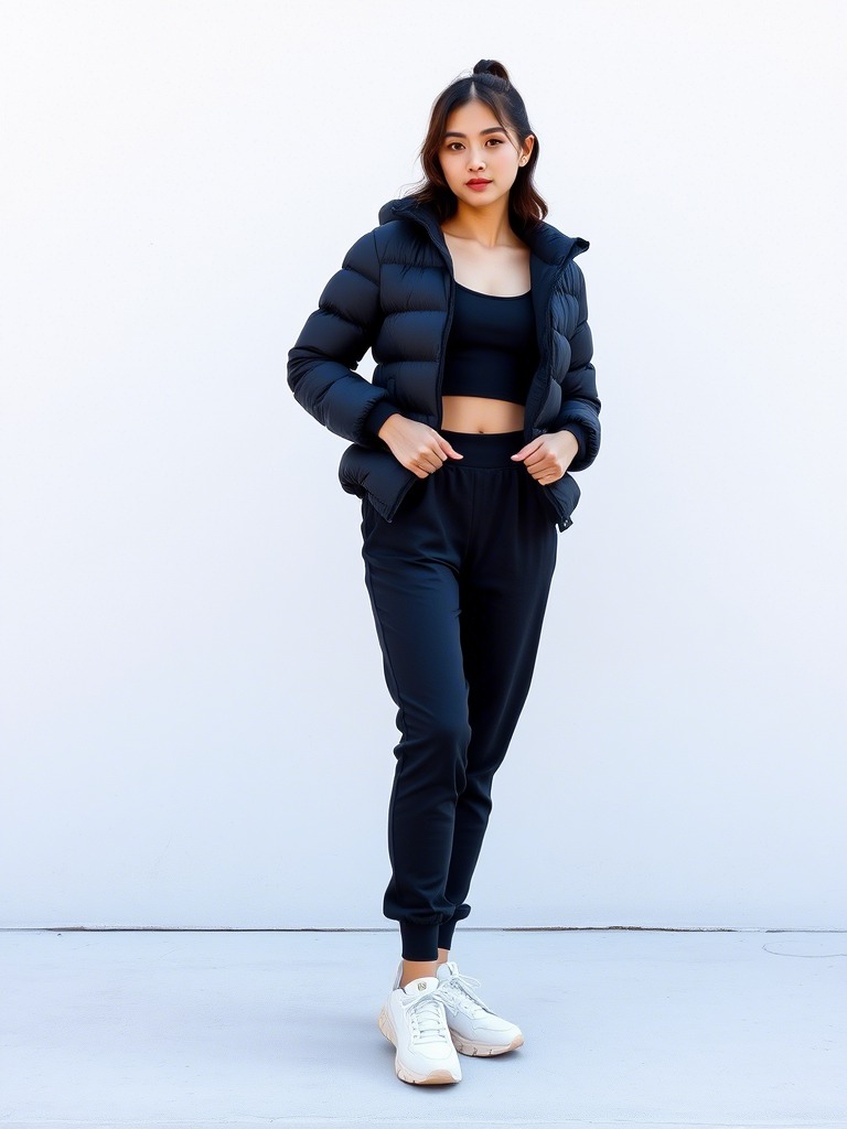 Phối áo phao đen với quần jogger