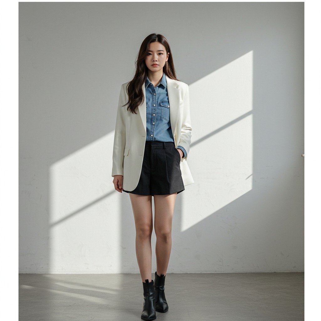 Phối vest trắng với áo sơ mi denim