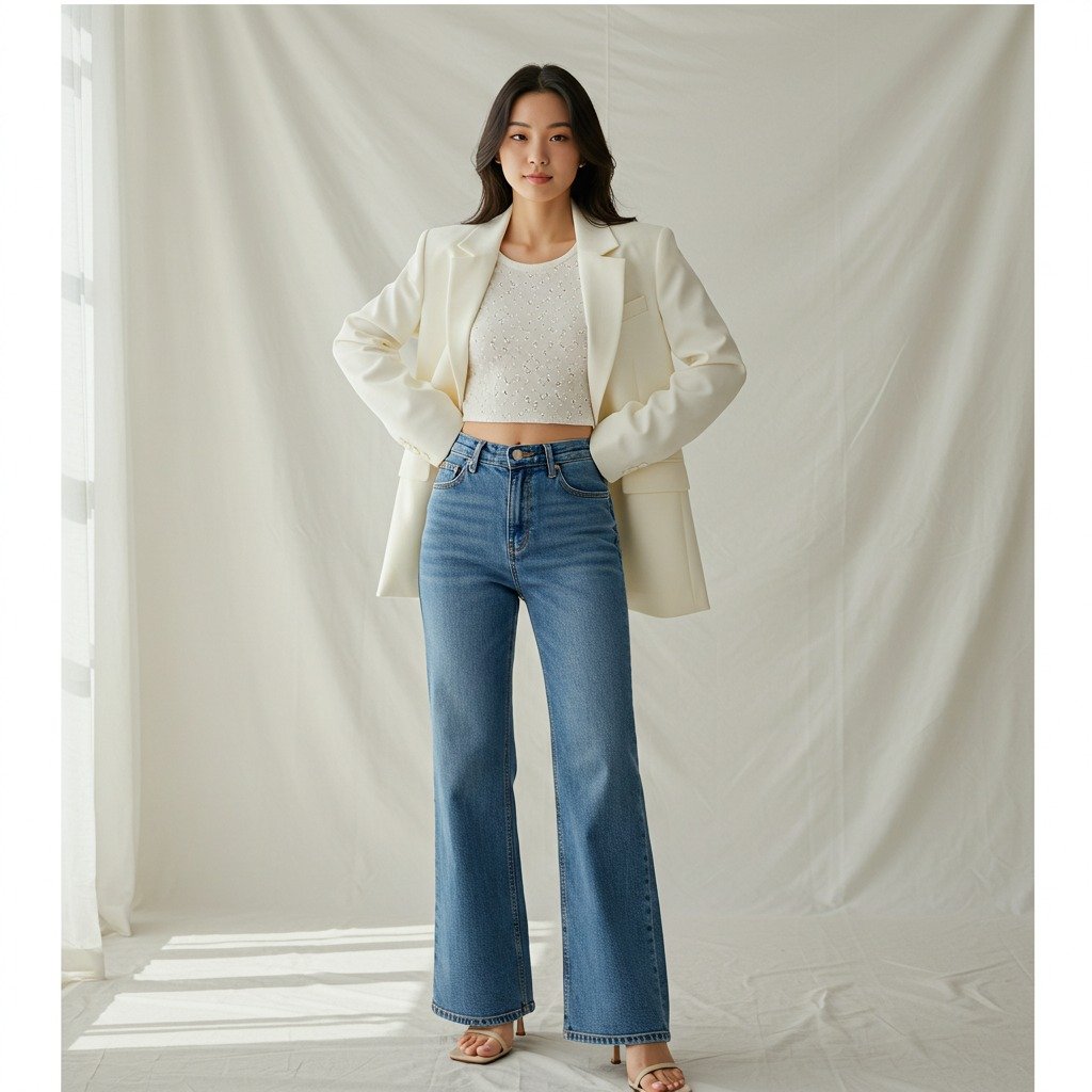 Phối vest trắng với quần jean ống rộng