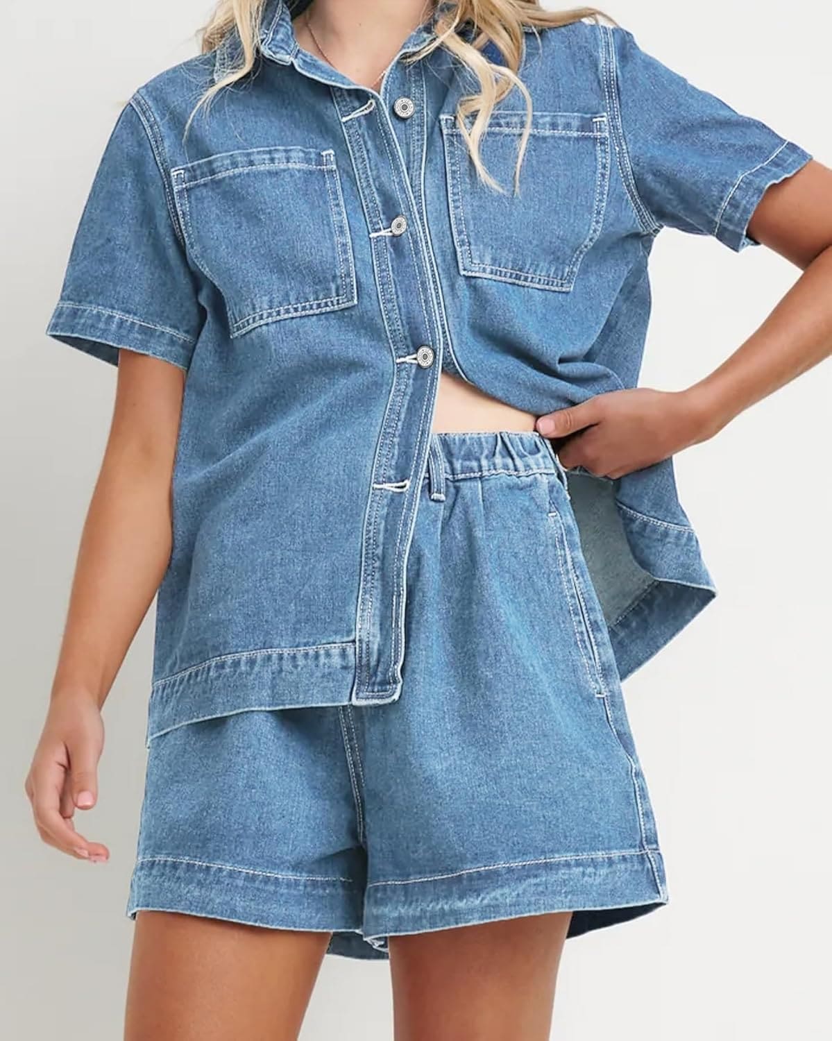 quần short nữ phối áo denim
