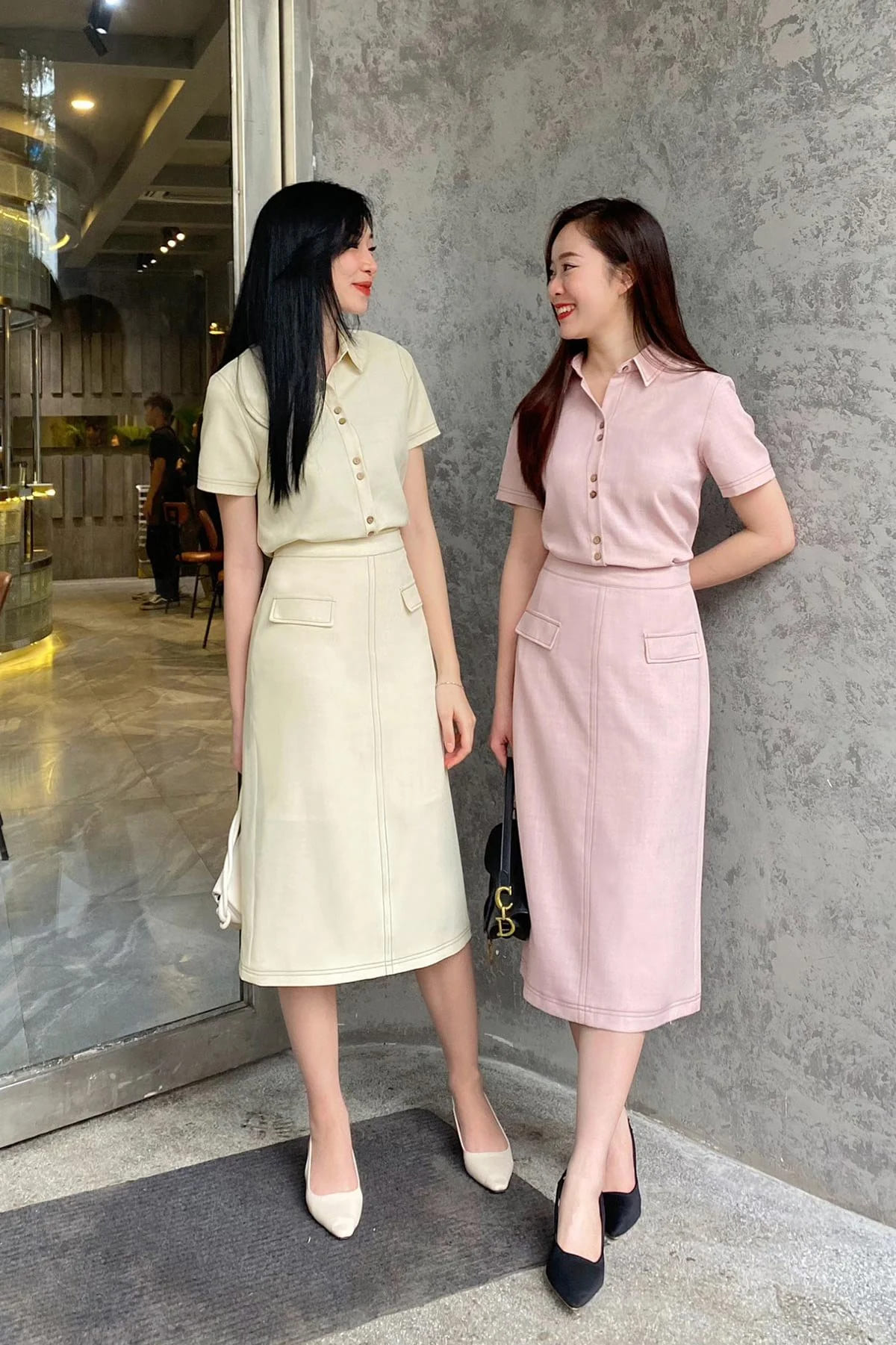 chân váy dài mặc với áo sơ mi mùa hè