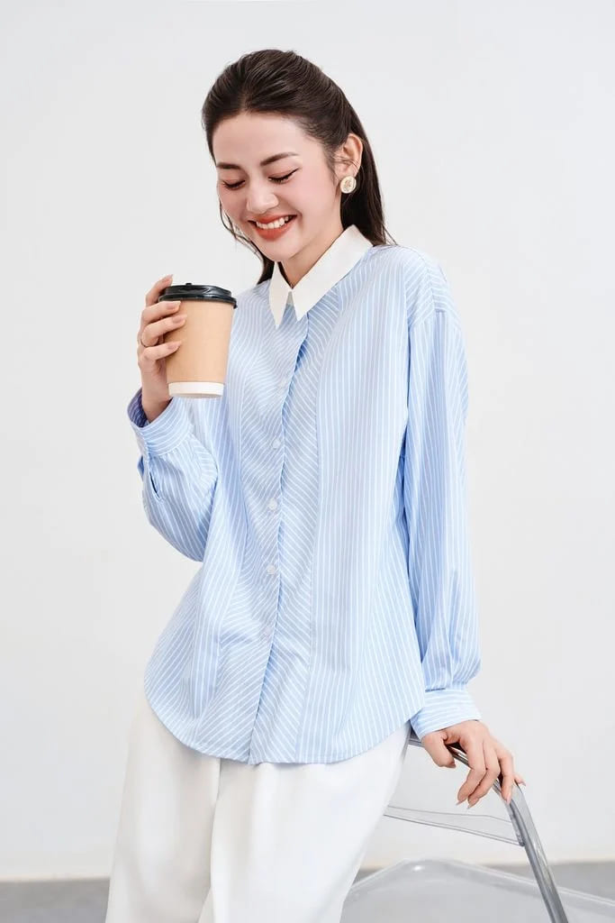 áo sơ mi công sở nữ tone xanh trắng kẻ sọc tay dài